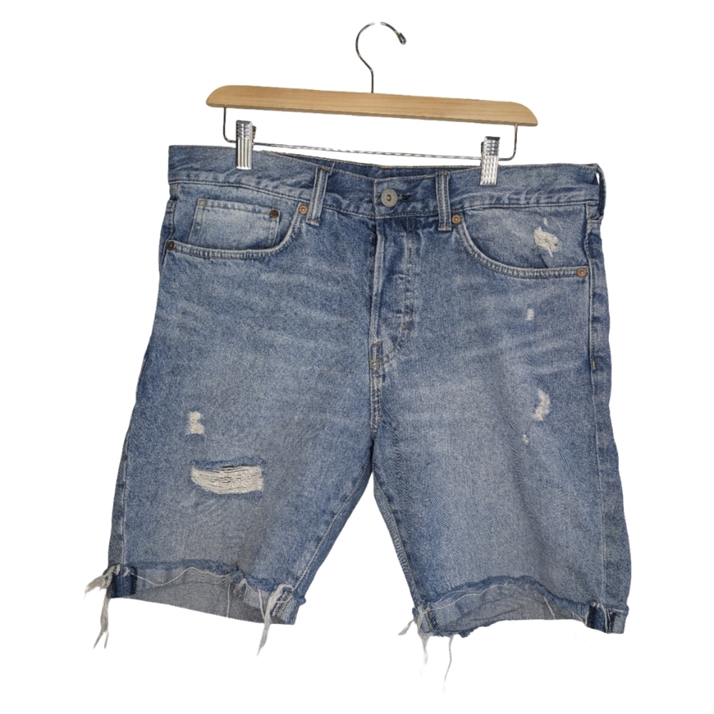 &Denim Distressed Button Fly Denim Shorts Raw Hem Straight Fit | Size 34